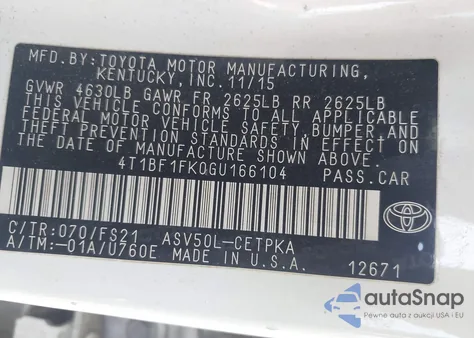 2016 Toyota Camry Se из США, поврежденный, VIN 4T1BF1FK0GU166104